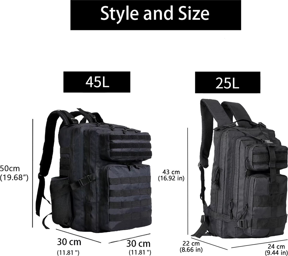 Sac à Dos Militaire 45L SHANNA - Tactique, Résistant à L'eau - Pour Randonnée, Camping, Chasse - Système MOLLE