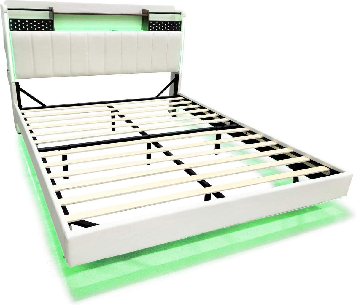 Merax Gestoffeerd Bed 160x200 cm – Beige Linnen - LED Verlichting - USB Laadfunctie - Opbergruimte in Hoofdbord - Modern Schwebend Design