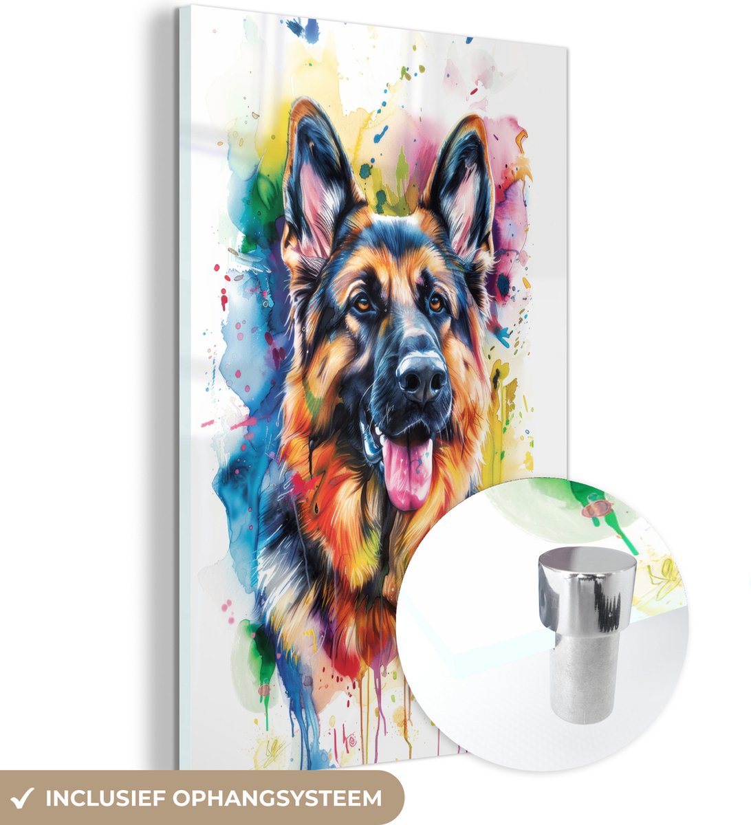 MuchoWow® Glasschilderij 100x150 cm - Schilderij acrylglas - Hond - Verf - Dieren - Kleurr