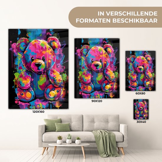 MuchoWow® Glasschilderij 90x120 cm - Schilderij acrylglas - Beer - Verf - Kleurrijk - Knuffeldier - Foto op glas - Muurdecoratie woonkamer - Wanddecoratie slaapkamer - Schilderijen