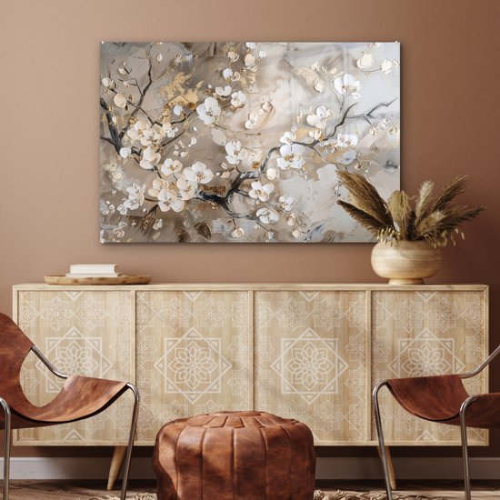MuchoWow® Tableau sur verre 120x80 cm - Tableau sur verre acrylique - Fleurs - Wit - Or - Beige - Luxe - Photo sur verre - Décoration murale salon - Décoration murale chambre - Peintures