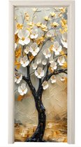 Deurposter 80x205 cm - Deursticker Boom - Bloemen - Goud - Beige - Meubelfolie zelfklevend - Deurfolie woonkamer - Interieurfolie fotobehang - Deur plakfolie - Deurstickers - Deurbehang sticker - Kamer decoratie