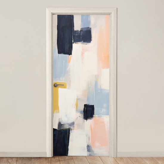 Abstracte deurposter met donkerblauw, lichtblauw, wit, okergeel en perzikkleurige vlakken.