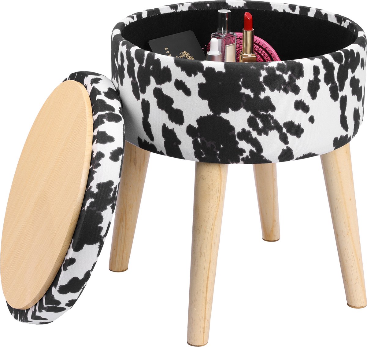 Navaris koeienprint poef met opbergruimte - opbergbox hocker met multifunctionele deksel - gemaakt van MDF-materiaal - 35 x 35 x 42 cm