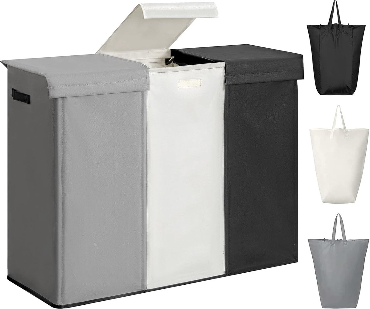 Goedkoopste Goodivery ® Ruime Wasmand met Drie Compartimenten en Deksel voor Georganiseerde Kledingverzorging