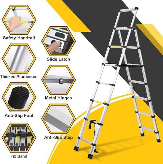 Ikodm Telescopische ladder, 1,7 m 2,0 m, 5 6 treden, vouwladder, A-frame, maximale belasting 150 kg, aluminium uittrekbare ladder voor dakreparaties, opgevouwen afmetingen 65 cm