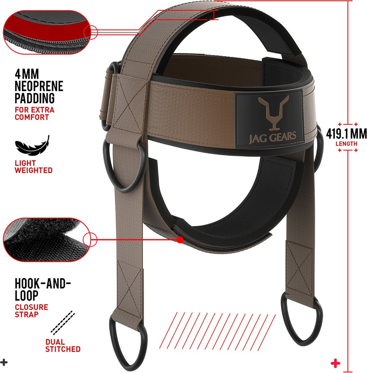 JAG GEARS Nektrainer Nektraining - Nektrainer 7 mm neopreen gevoerd met 110 cm lange verstelbare stalen ketting voor gym, racen, boksen, nektrainingsharnas om de spierkracht te verbeteren - Bruin — afbeelding 7