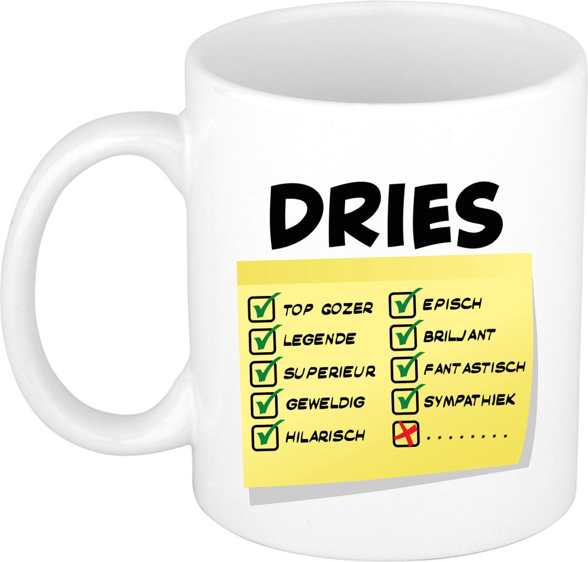 Bellatio Decorations Naam mok Dries - wit - top gozer - keramiek - 300 ml - cadeau collega beker