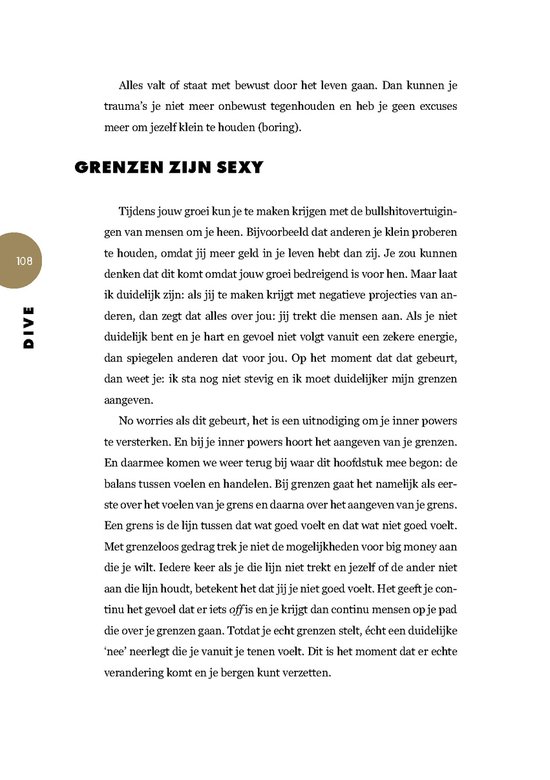 Boekpagina met tekst over grenzen, met een genummerd "108" icoon.