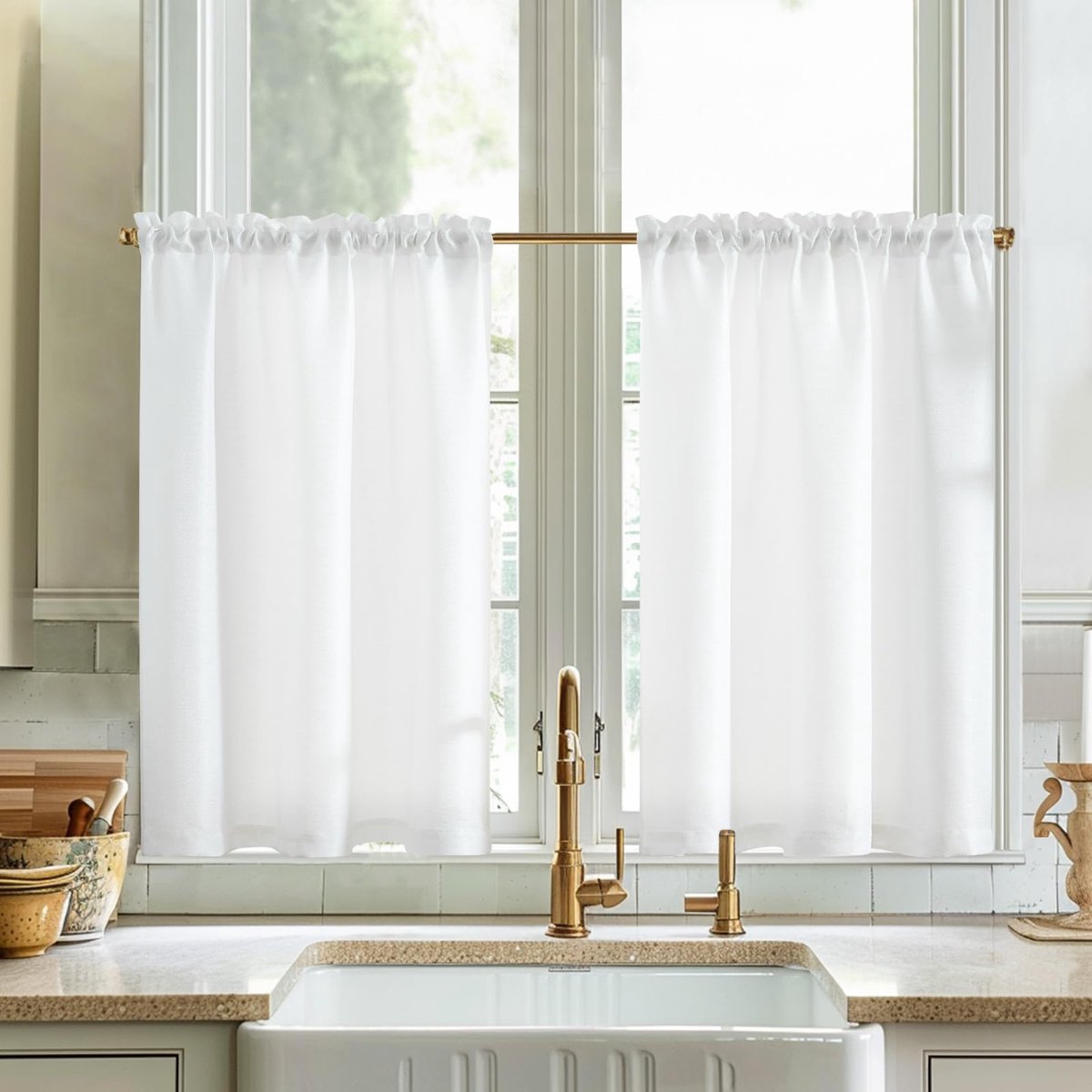 JGS ® Stijlvolle Halftransparante Linnenlook Gordijnen voor Keuken en Woonruimte, Set van 2 wit