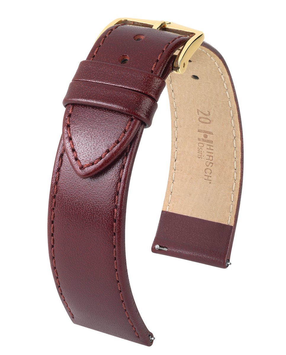 HIRSCH Osiris Horlogebandje - Cow boxleer, 18 mm Breedte bevestiging, glanzend bordeaux - glanzend goud Sluit, past op Garmin Uhren, Huawei Watch, Fossil Gen