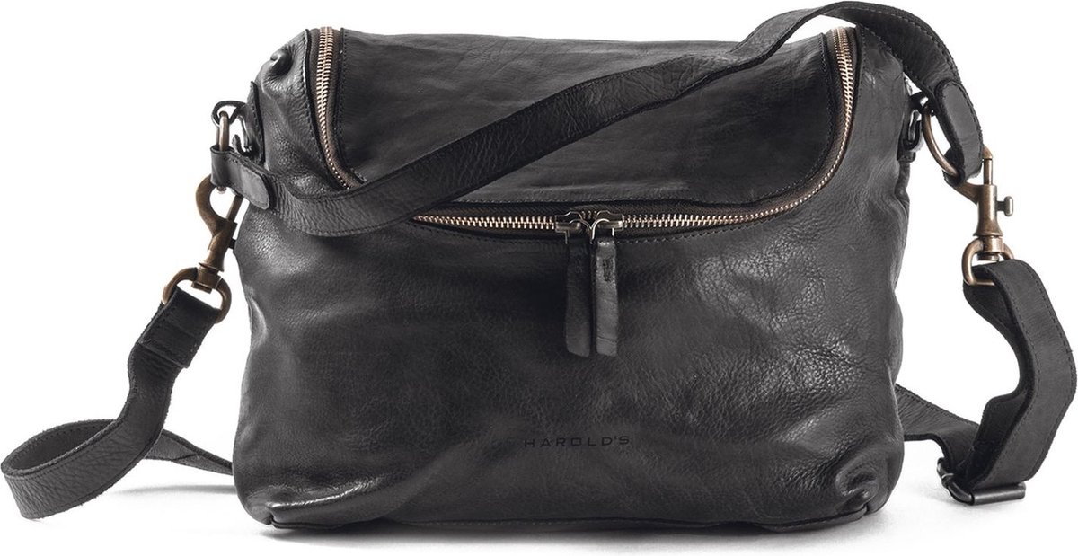 HAROLD'S Leren Schoudertas Submarine Zipperbag Black Zwart