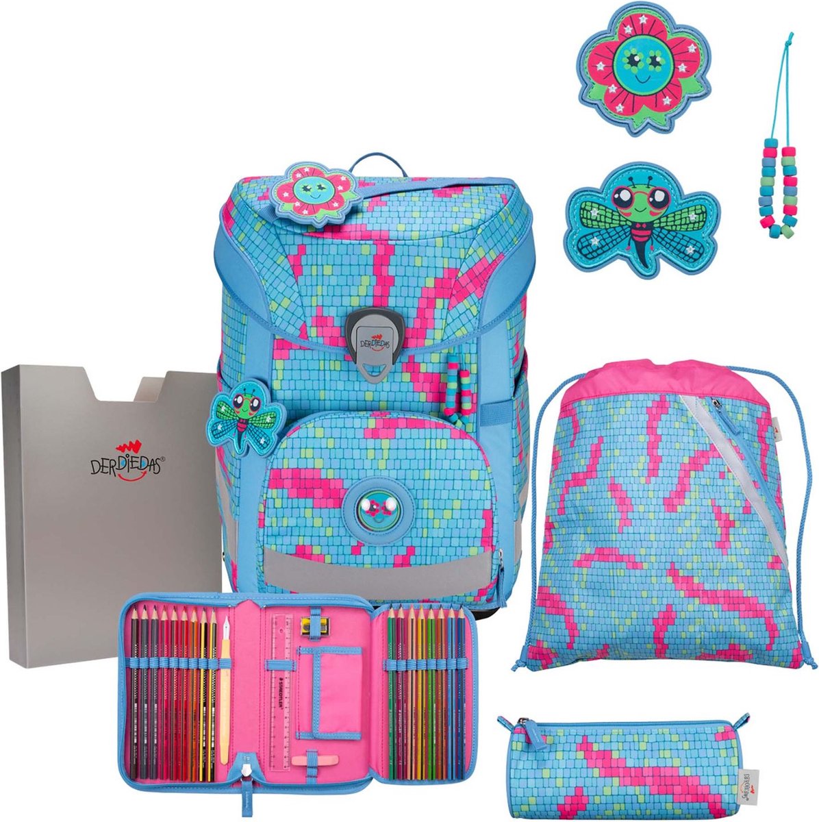 DerDieDas Schooltas ErgoFlex Easy Schulranzenset 5-delig Happy Pixel Lichtblauw