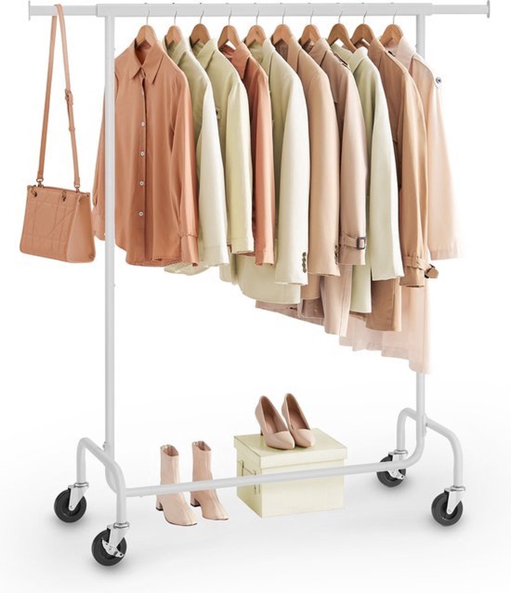 O'DADDY® Kledingrek - Kledingrek op Wieltjes - Kledingrek metaal - Kleding rek - Kledingrekken - Garderoberek - Kledingstang - Kledingrek wit - Uitschuifbare Kledingstang - Verstelbare Hangstang - Stabiel tot 130 kg - Wit