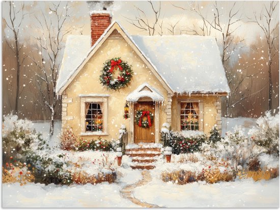 Poster 80x60 cm - Kerst - Huis - Winter - Sneeuw - Posters - Kamer decoratie - Wanddecoratie woonkamer - Muurdecoratie slaapkamer - Kerstversiering - Kerstdecoratie voor binnen - Kerstmis