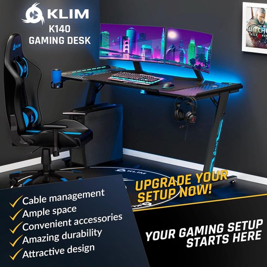 NK Mesa Escritorio Gaming con LED (120x60cm) - Portavasos y Botellas, Soporte Auriculares/Cascos, Gestión de Cables, Gaming Desk, Tabla 1.5cm (Resistencia) Peso Máximo 100kg (Blanco