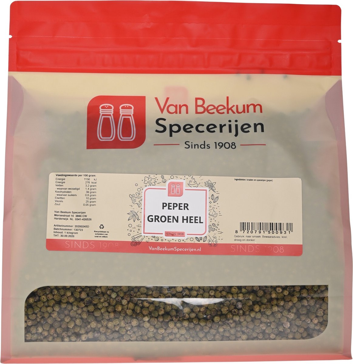 Van Beekum Specerijen - Peper Groen Heel - 1 KG (hersluitbare stazak)