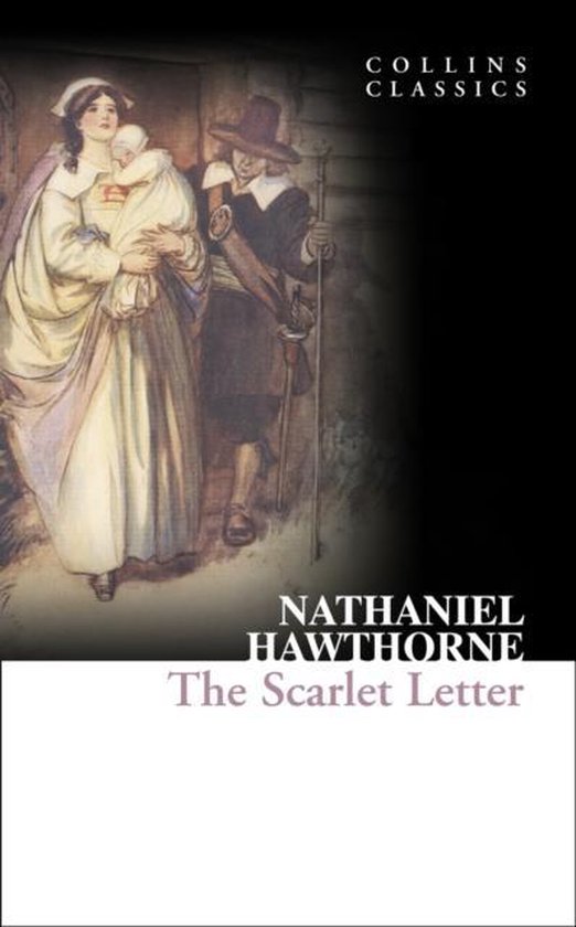 Couverture du livre "The Scarlet Letter" de Nathaniel Hawthorne, illustrant une femme portant un bébé et un homme avec un chapeau et une épée.
