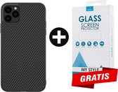 Backcase Carbon Hoesje iPhone 11 Pro Max Zwart - Gratis Screen Protector - Telefoonhoesje - Smartphonehoesje