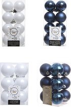 Kerstversiering kunststof kerstballen kleuren mix donkerblauw/winter wit 4 en 6 cm pakket van 80x stuks