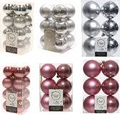 Kerstversiering kunststof kerstballen kleuren mix oud roze/zilver 4-6-8 cm pakket van 68x stuks