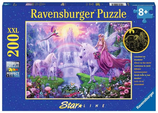Doos van Ravensburger puzzel 200 stukjes 'Magische eenhoornnacht', met fee op eenhoorn.