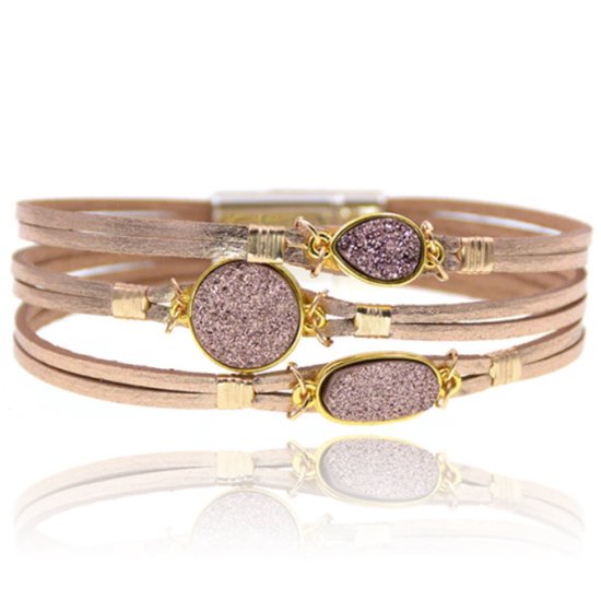 Roze met goudkleurige leren Boho dames armband met glitter stenen