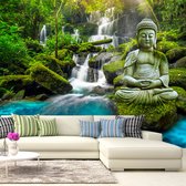 Zelfklevend fotobehang -   Boeddha voor rustige waterval , Premium Print