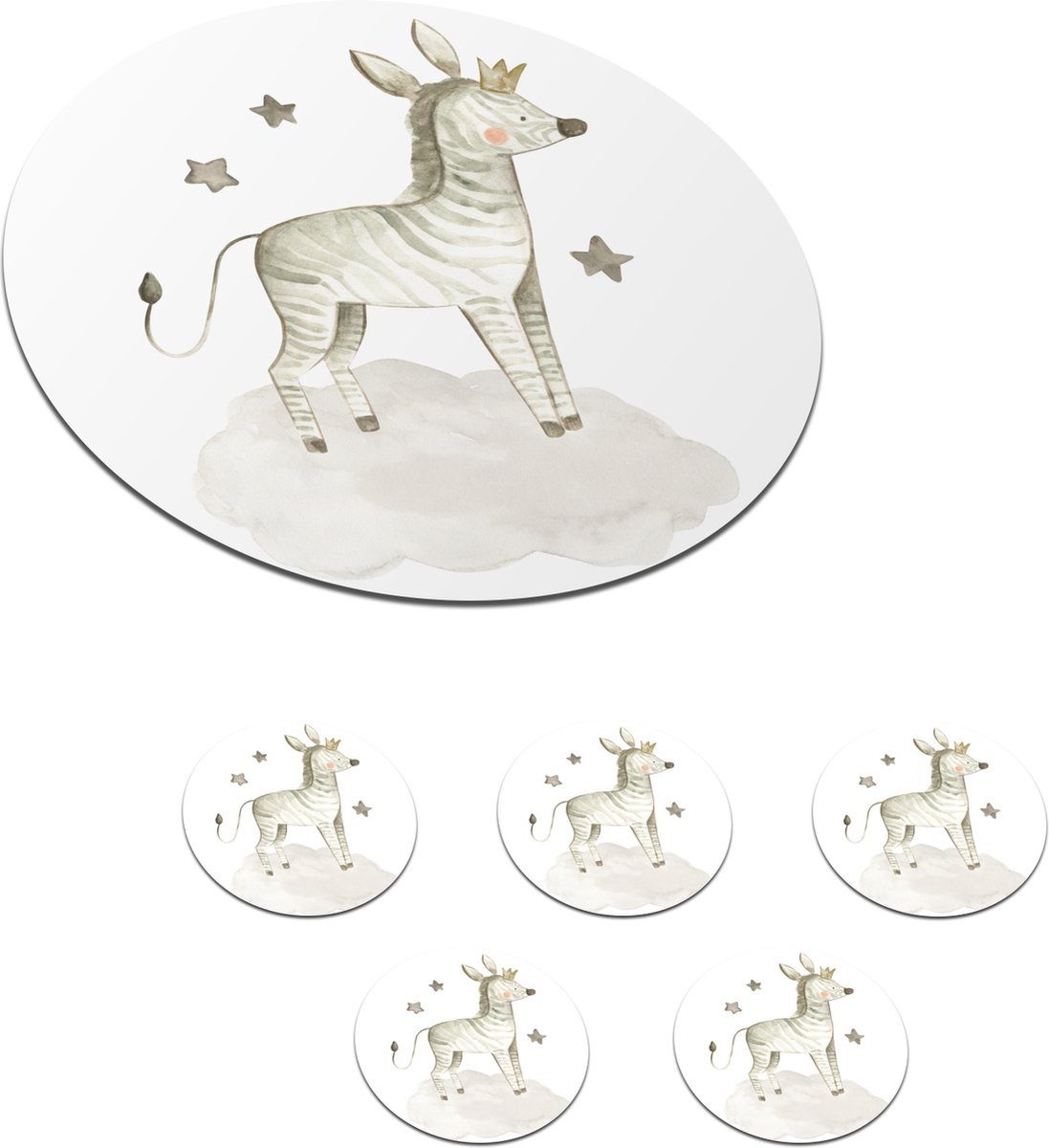 Onderzetters voor glazen - Rond - Zebra - Kroon - Wolk - 10x10 cm - Glasonderzetters - 6 stuks