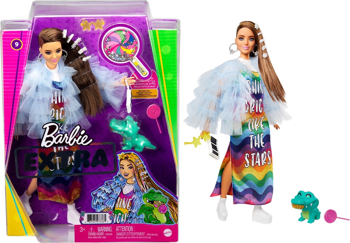 Barbie Extra Doll in blauw jasje met ruches en krokodil huisdier - Modepop