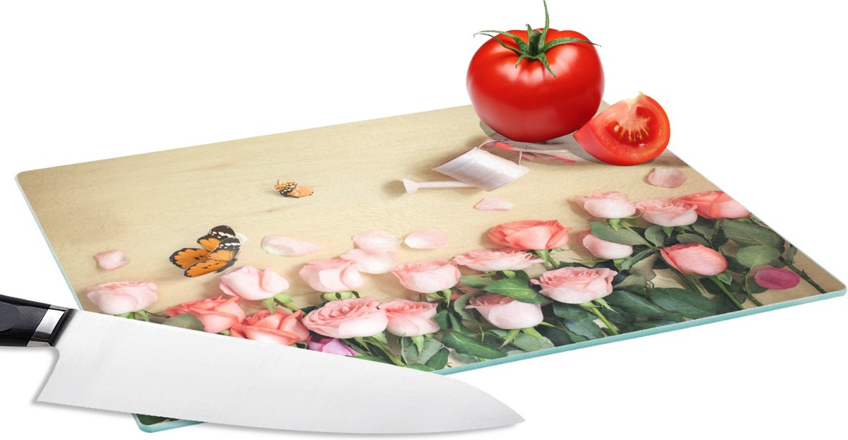Glazen Snijplank - 28x20 - Bloemen - Rozen - Gieter - Snijplanken Glas