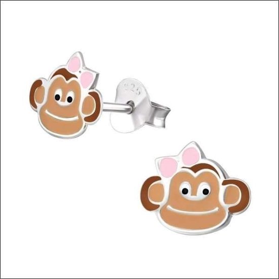 Aramat jewels ® - Kinder oorbellen aap met strik bruin 925 zilver 9mm x 7mm