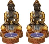 2x stuks indische boeddha theelichthouders goud/zwart 12 cm - Waxinelichthouders