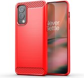 OnePlus Nord 2 Hoesje - MobyDefend TPU Gelcase - Geborsteld Metaal + Carbonlook - Rood - GSM Hoesje - Telefoonhoesje Geschikt Voor: OnePlus Nord 2