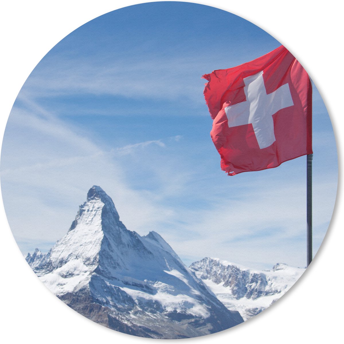 Muismat - Mousepad - Rond - Zwitserse Vlag bij Matterhorn in Zwitserland - 20x20 cm - Ronde muismat