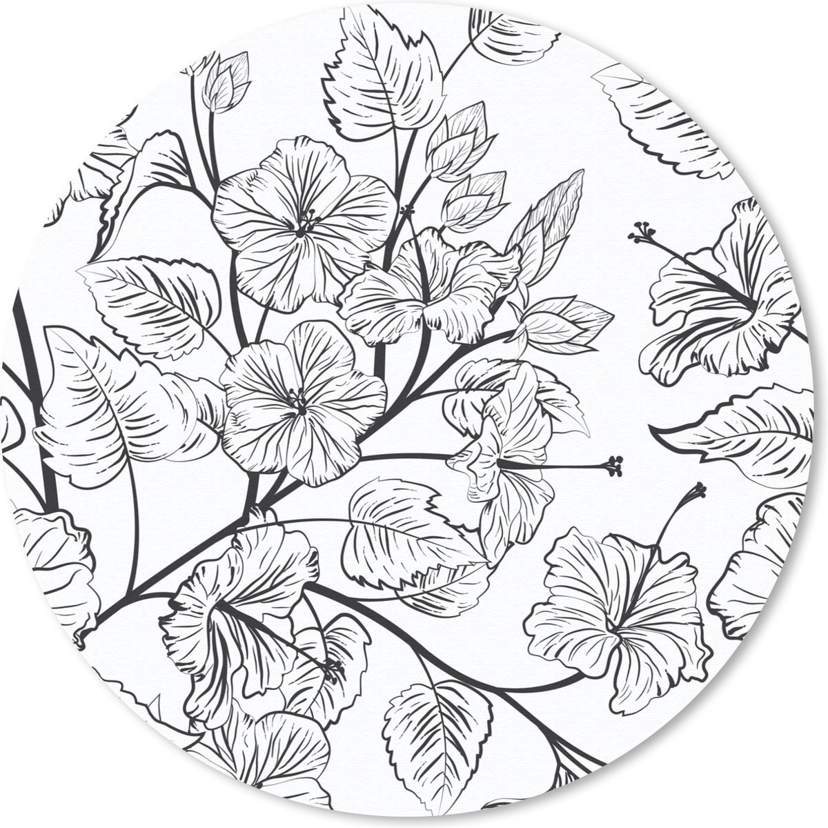 Muismat rond 50x50 cm - Mousepad Een zwart wit illustratie van een bloemdessin - Ronde muismatten
