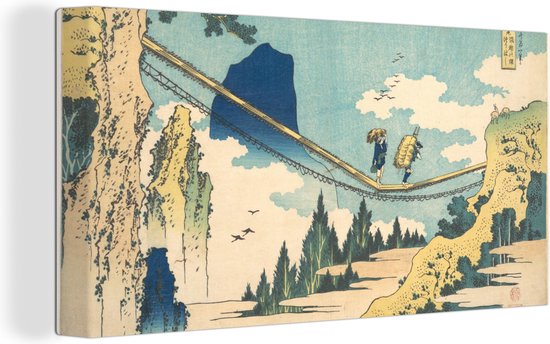 Canvas Schilderij Hangbrug op de grens van Hida en Etchu - schilderij van Katshushika Hokusai - 80x40 cm - Wanddecoratie