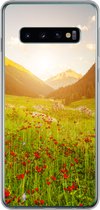 Geschikt voor Samsung Galaxy S10 hoesje - Bloemen - Berg - Zon - Siliconen Telefoonhoesje