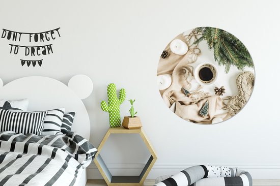 WallCircle - Tableau - Peintures Ronds Branche De Pin Café Hiver - Multicolore - 90 X 90 Cm
