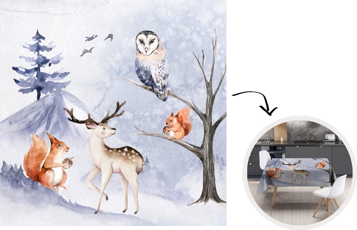 Tafelkleed - Tafellaken - 100x100 cm - Winter - Hert - Eekhoorn - Boom - Binnen en Buiten