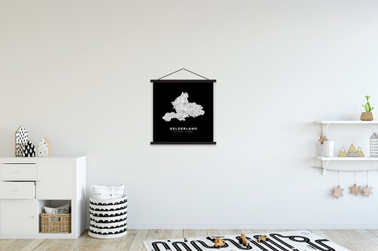 Posterhanger incl. Poster 40x40 cm - Schoolplaat - Gelderland - Kaart - Zwart - Wit - Textielposter - Zwarte latten