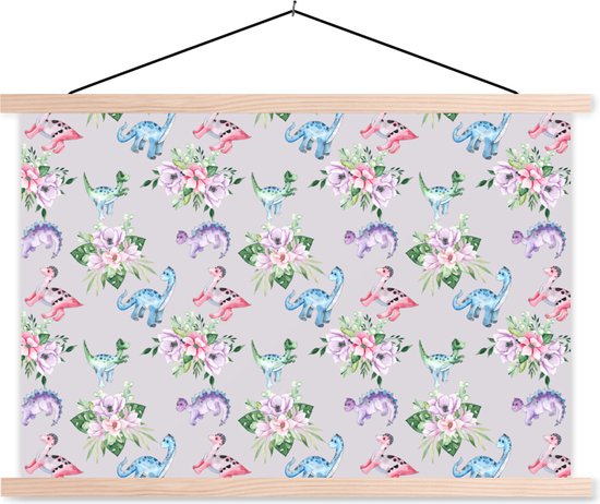 Posterhanger incl. Poster - Schoolplaat - Kinderkamer - Dinosaurus - Grijs - Meisjes - Kinderen - Roze - 150x100 cm - Blanke latten