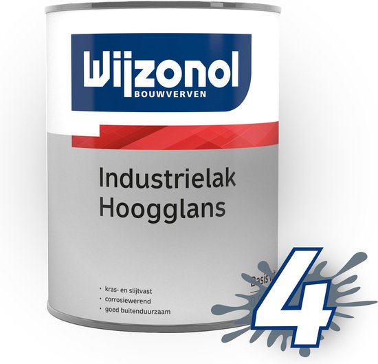 Blik Wijzonol Industrielak Hoogglans, kras- en slijtvast, corrosiewerend, goed buitenduurzaam, met grote '4' in grijze verfspatten.