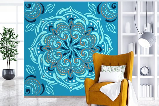 Motif carré avec un mandala détaillé sur fond bleu 260x260 cm
