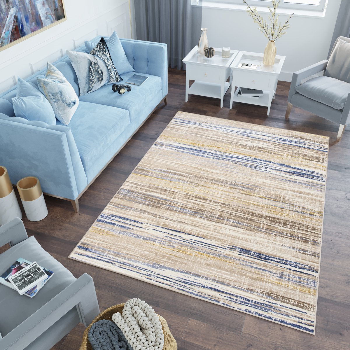 Tapiso Asthane Vloerkleed Beige Blauw Bruin Woonkamer Slaapkamer Tapijt Maat - 80x150