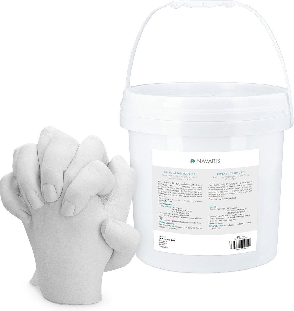 Navaris 3D gipsafdruk set XXL - Voor handen of voeten - Handgietset met mengemmer van 10 liter - Voor volwassenen, kinderen en baby's - pH-neutraal