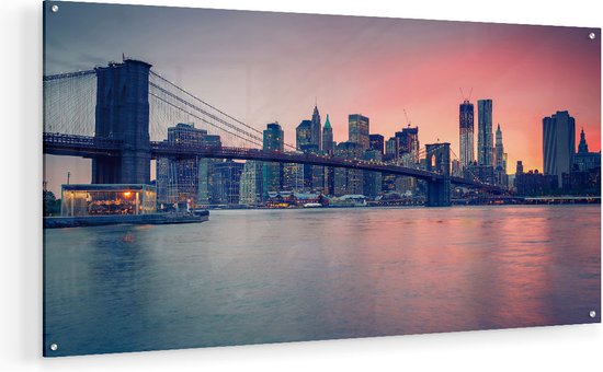 Artaza Glasschilderij - New York Brooklyn Brug Bij Zonsondergang - 90x45 - Plexiglas Schilderij - Foto op Glas