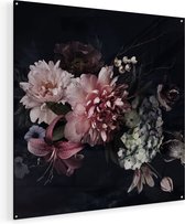 Artaza Glasschilderij - Diverse Bloemen Op Zwart Achtergrond - 90x90 - Groot - Plexiglas Schilderij - Foto op Glas