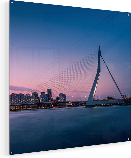 Artaza Glasschilderij - Erasmusbrug In Rotterdam Met Zonsondergang - 90x90 - Groot - Plexiglas Schilderij - Foto op Glas