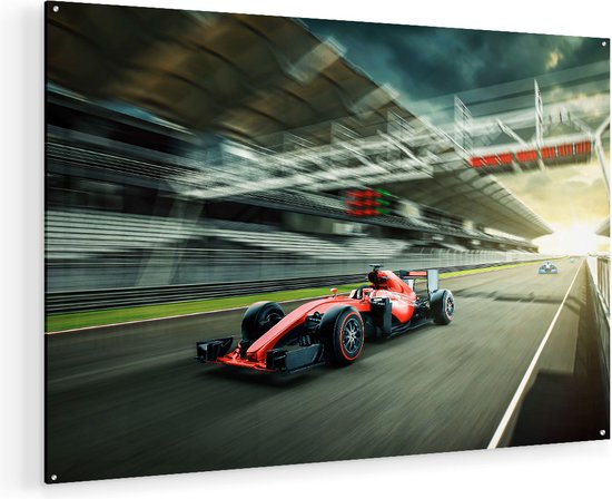 Artaza Glasschilderij - Formule 1 Auto bij de Finish in het Rood - 120x80 - Groot - Plexiglas Schilderij - Foto op Glas